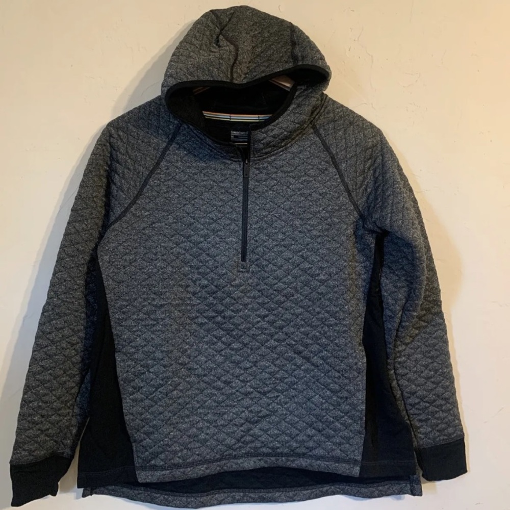 Smartwool Womens Medium Pullover Merino Quarter Zip Hooded Sweatshirt Gray Black